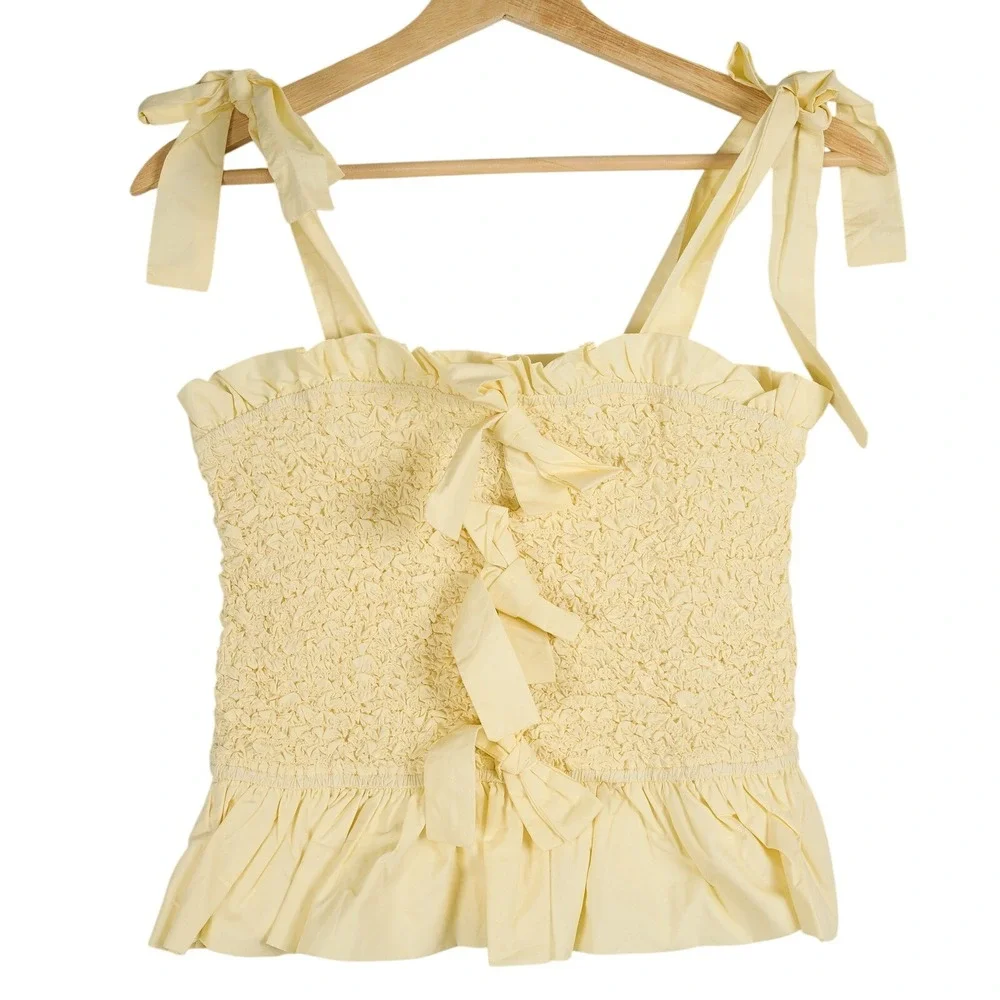 Mable Yellow Smocked Tie Shoulder Peplum Cami Top Size Small‎ Cotton MT1242